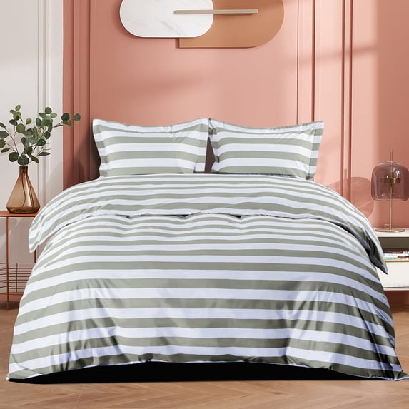 NTBAY 3 Pieces 100% Brushed Microfiber Striped Duvet Cover Set, Super Soft Smoke Gray and White Printed Reversible Design Zipper Comforter Cover with Ties and 2 Pillow Shams (King, Stripe)
