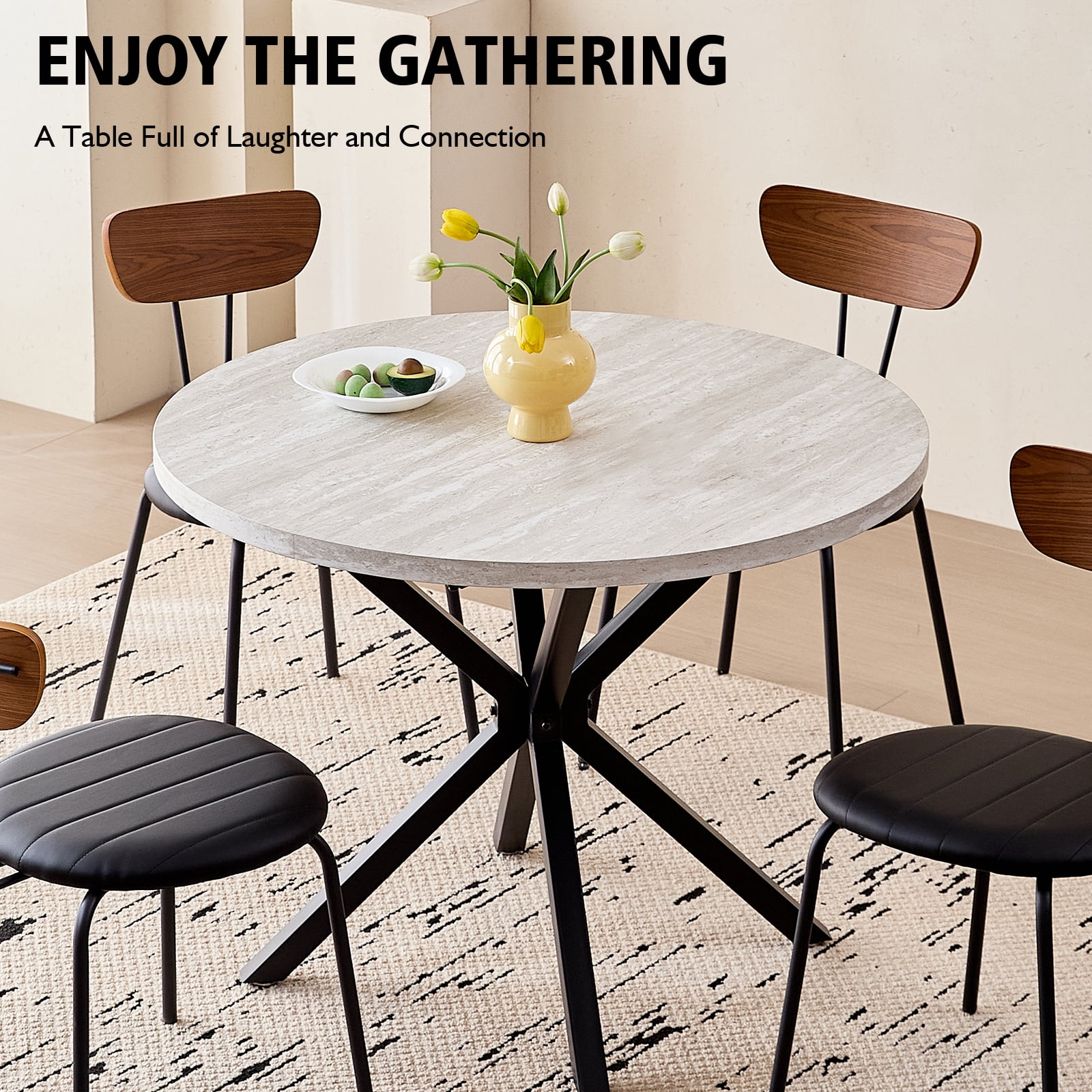 39 Inch Round Dining Table for 4, Mid-Century Kitchen Leisure Table for Apartment Living Room Space Saving, Metal Cross Legs, Gray Stone Pattern