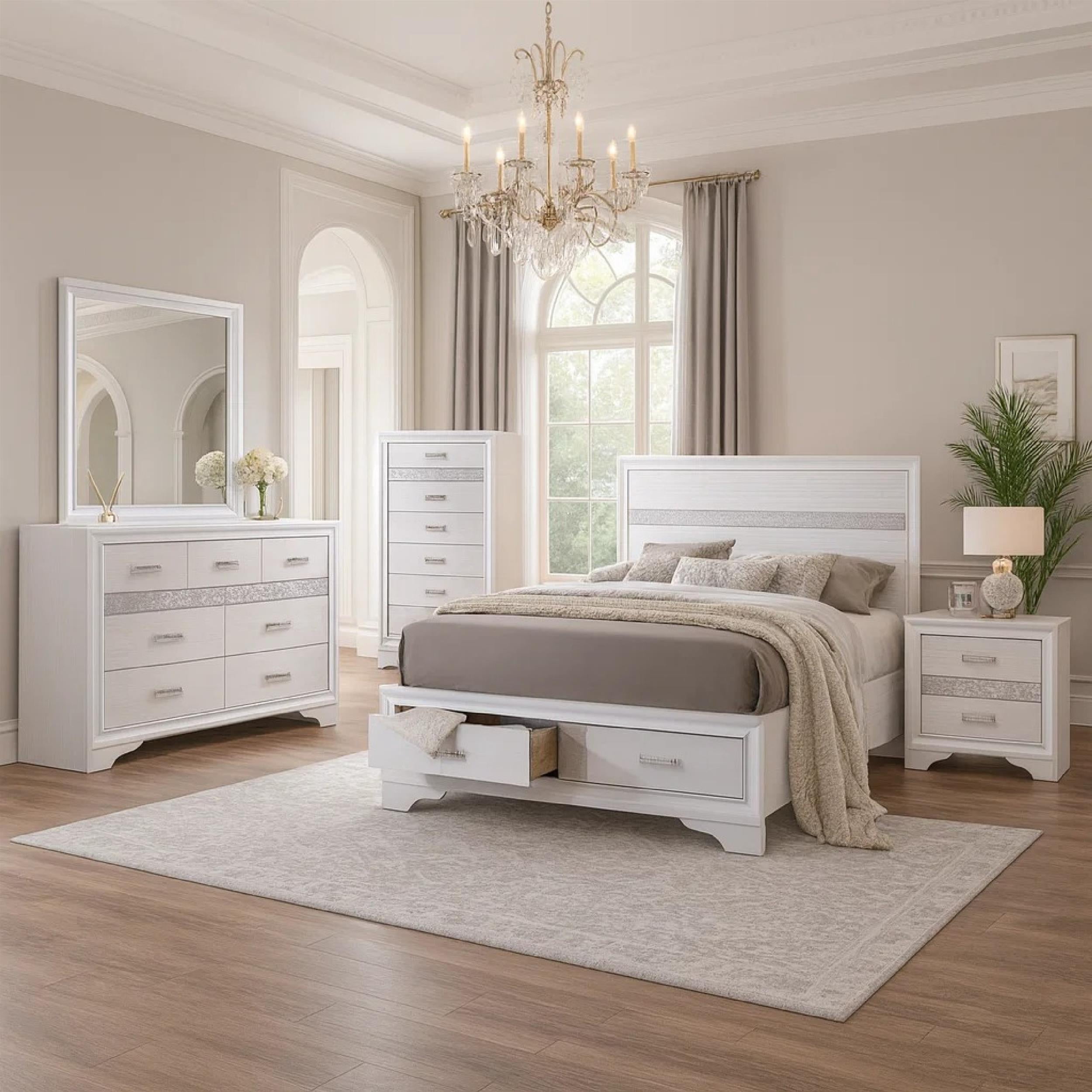Vino White 5pc California King Bed Set with Dressers-Glitter Accent