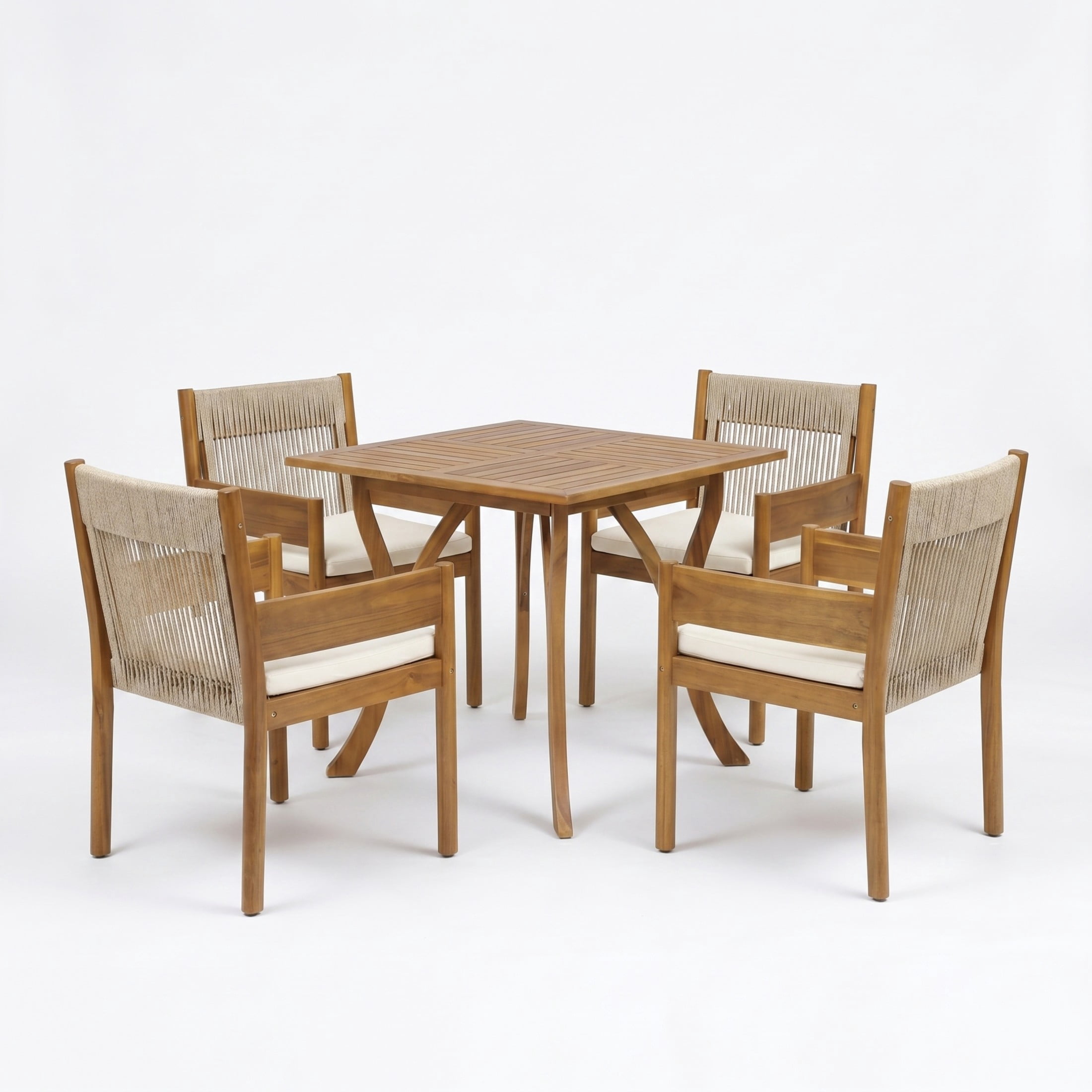 Christopher Knight Home 5-Piece Acacia Wood Patio Dining Set, Rope Chairs and Square Table, Teak+Beige