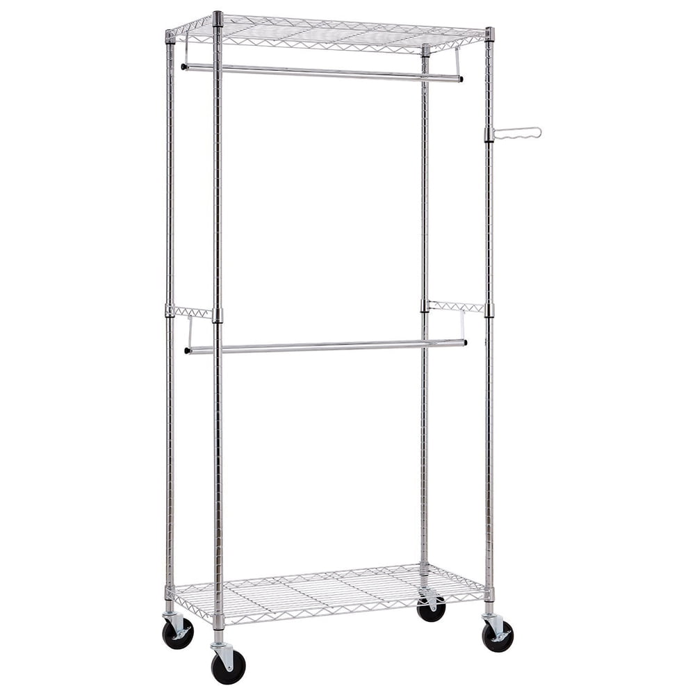 Kepooman 2Tier Rod Closet Organizer Garment Rack, Clothes Storage Hanger Shelf Hooks, White