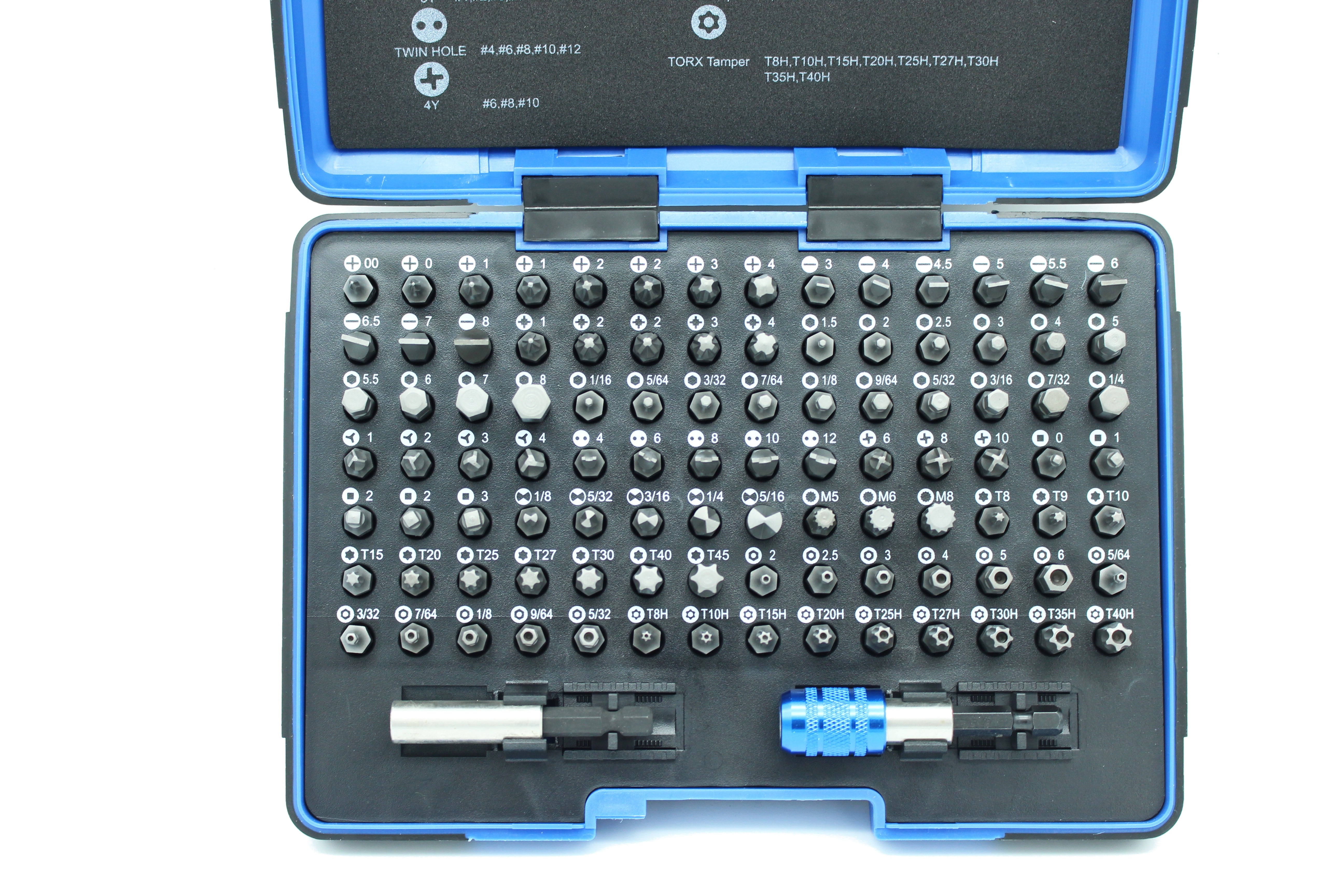 100 Piece Impact Ready Security Bits Screwdriver Set Kit with 2 Quick Chucks and Phillips, Torx, Slotted Flat, Pozi, Hex, Tri-Wing Pozi Clutch, Spline, Square, Spanner, TORQ-Set, Torx Tamper Bits
