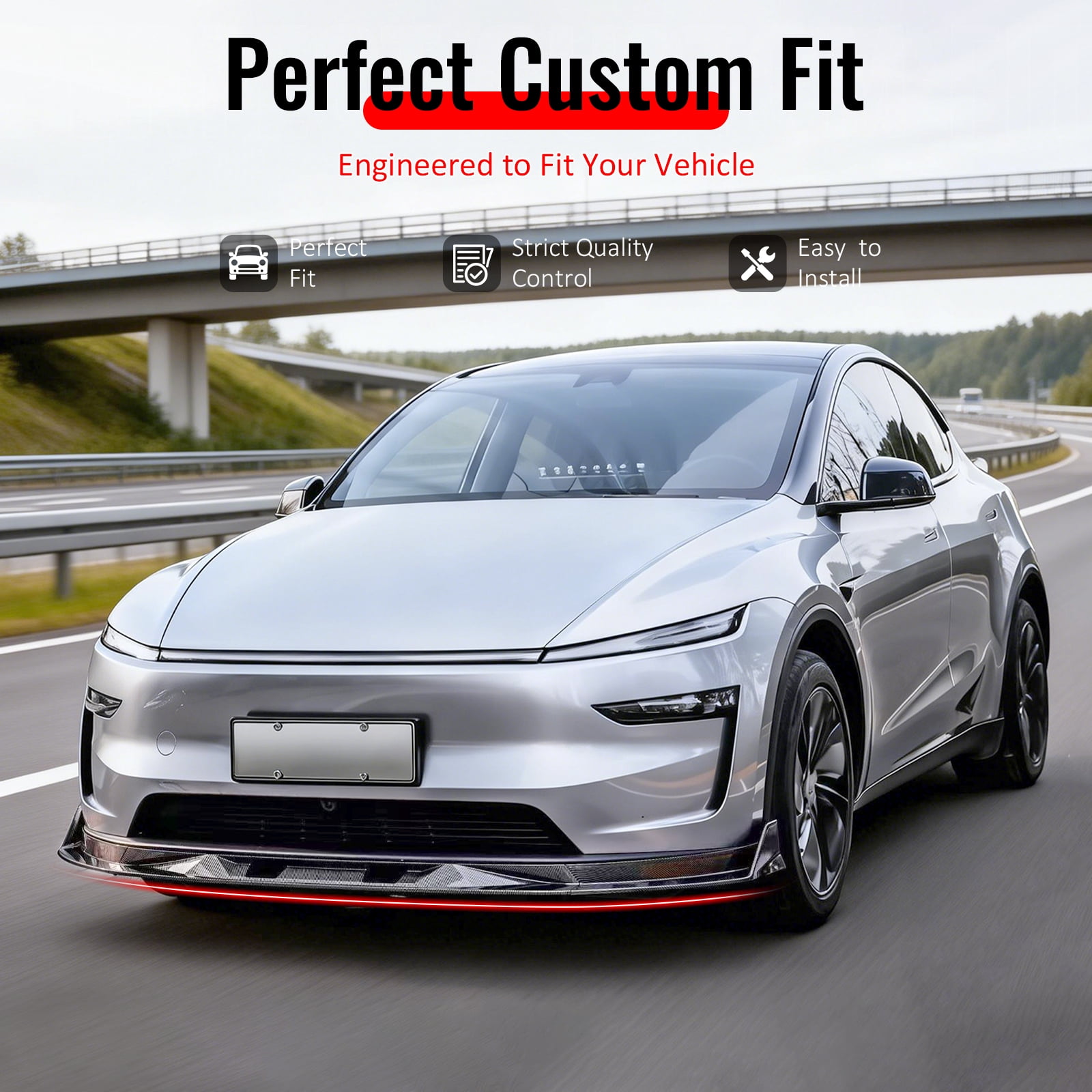 Ikon Motorsports Front Bumper Lip, Compatible with 2025-2026 Tesla Model Y (New Model Y, Code Juniper), IKON V2 Style Gloss Black ABS Air Dam Chin Spoiler Protector Splitter 3PC