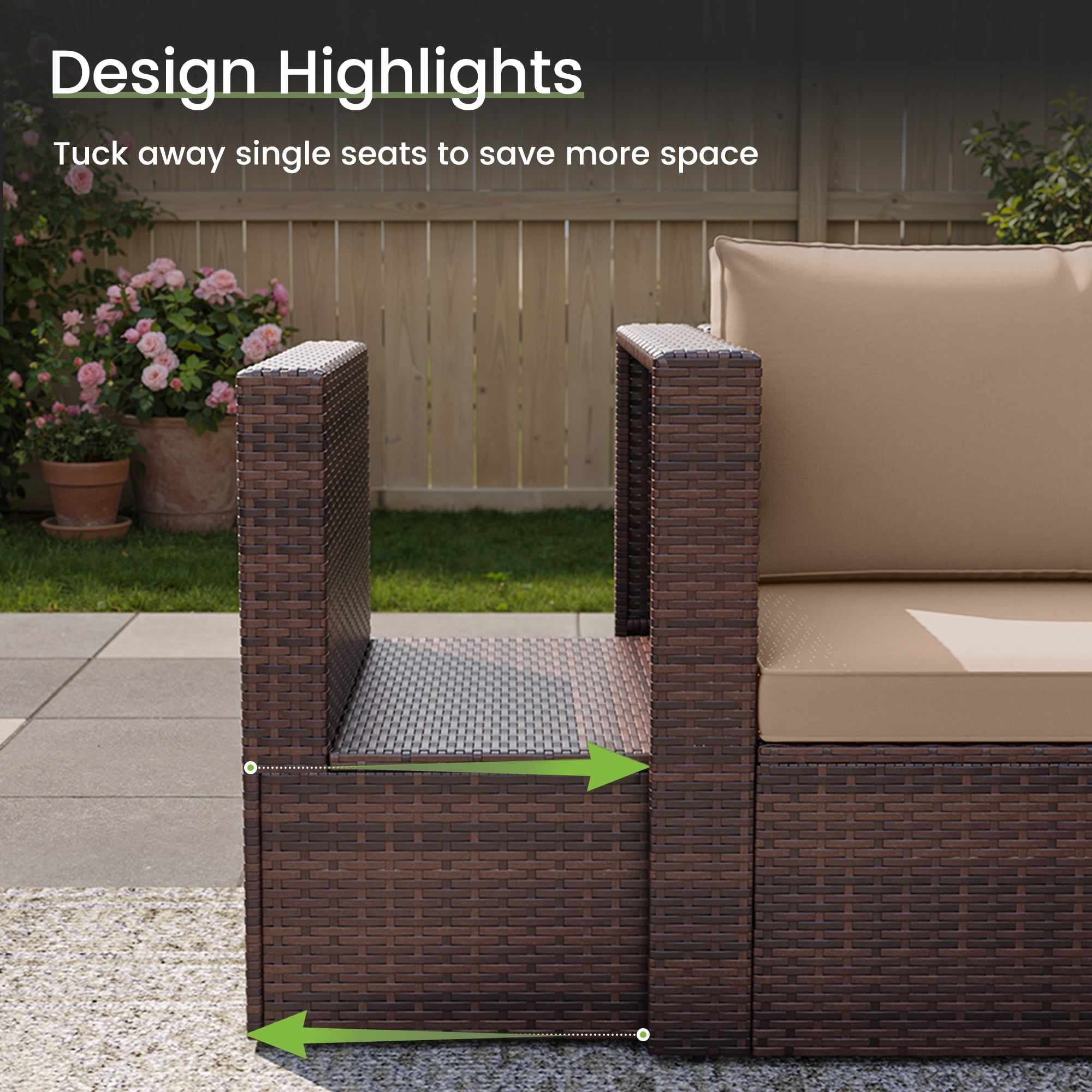 POTEBAN 6-Piece Space-Saving Patio Furniture Set, All Weather Brown Wicker Rattan Sectional Sofa with 2 Ottomans, Outdoor Conversation Set for Garden, Backyard, Khaki Cushions