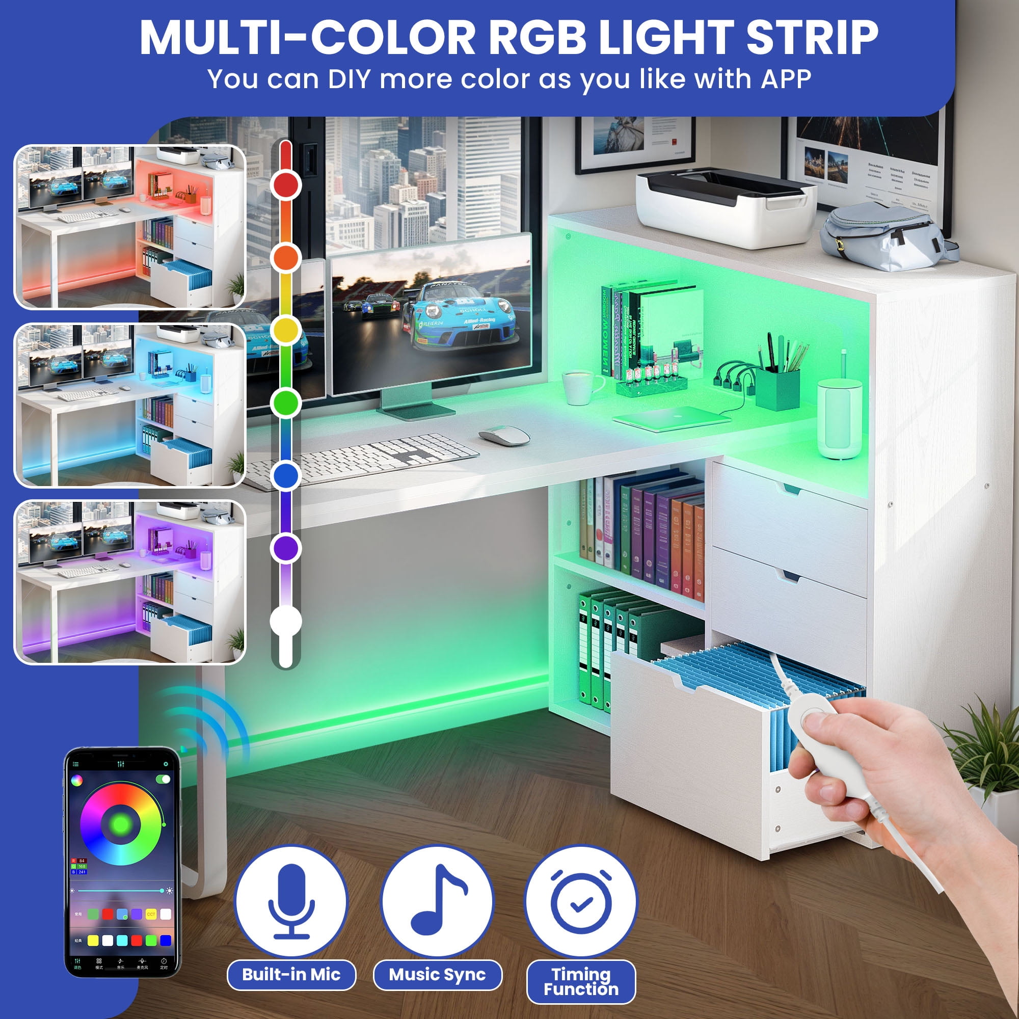 ModFusion 55" L Shaped Corner Computer Desk with Power Outlets, LED Lights, 3 Drawers and Bookshelf, White