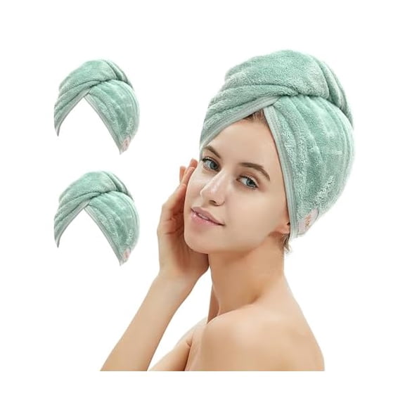 Fu997 2 Pack Microfiber Hair Towel Wrap,Hair Drying Towel with Button, Hair Towel Turban,Head Towel to Dry Hair Quickly (Green&Green)
