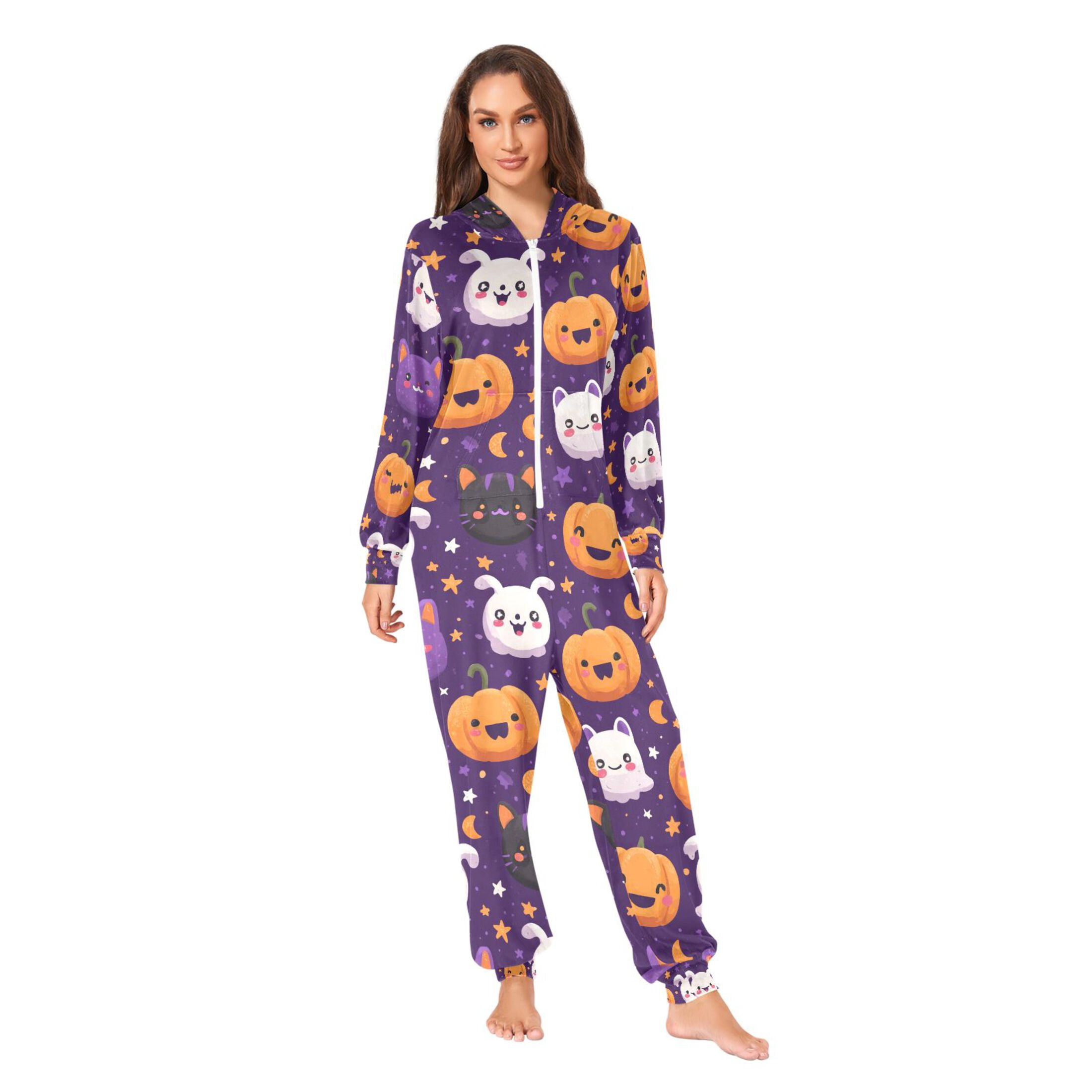 Adult Christmas Onesie Cute Cartoon Pumpkin Ghost Adult Zipper One-Piece Pajamas Unisex Pajamas with Pockets