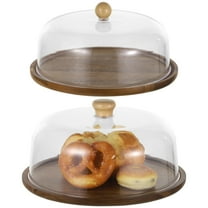 2 Pcs Dessert Domes with Bases, 12 & 10 Inch Decorative Cake Trays with Clear Domes, Cake Serving Plates, Acacia Wood Fruit Platters with Plastic Covers, Appetizer Servers for Party, Wedding