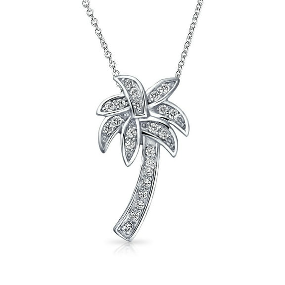 Bling Jewelry Womens Sterling Silver Palm Tree Pendant Necklace with CZ 16in