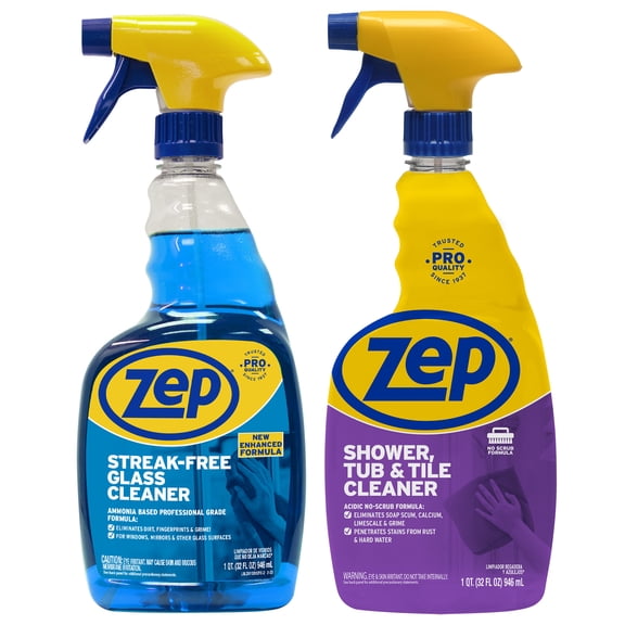 Zep Shower Tub & Tile Cleaner 32 oz and Zep Streak-Free Glass Cleaner 32 oz No-Scrub Shower Cleaning Bundle for Soap Scum and Shower Glass