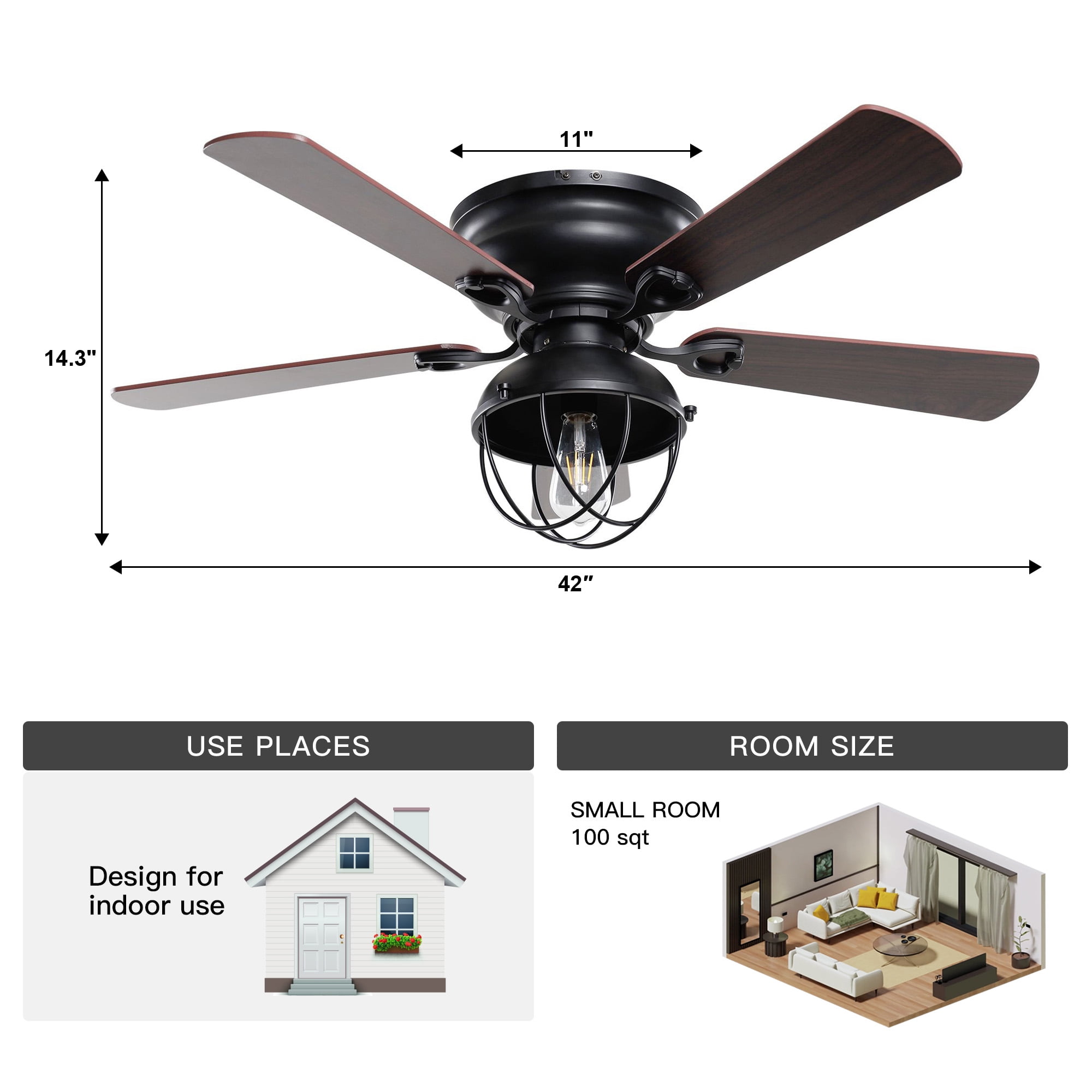 42" Modern Farmhouse Black Caged Flush Mount Ceiling Fan with Light and Remote Control
