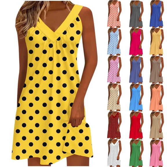 Xuniizn Summer Dresses for Women Sleeveless V Neck Polka Dot Boho Beach Holiday Dress Casual Soft Loose Petite Tank Dresses S