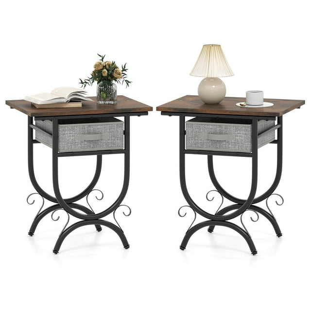 Costway 2 PCS Side Table with Fabric Drawer Carved Metal Frame End Table Nightstand