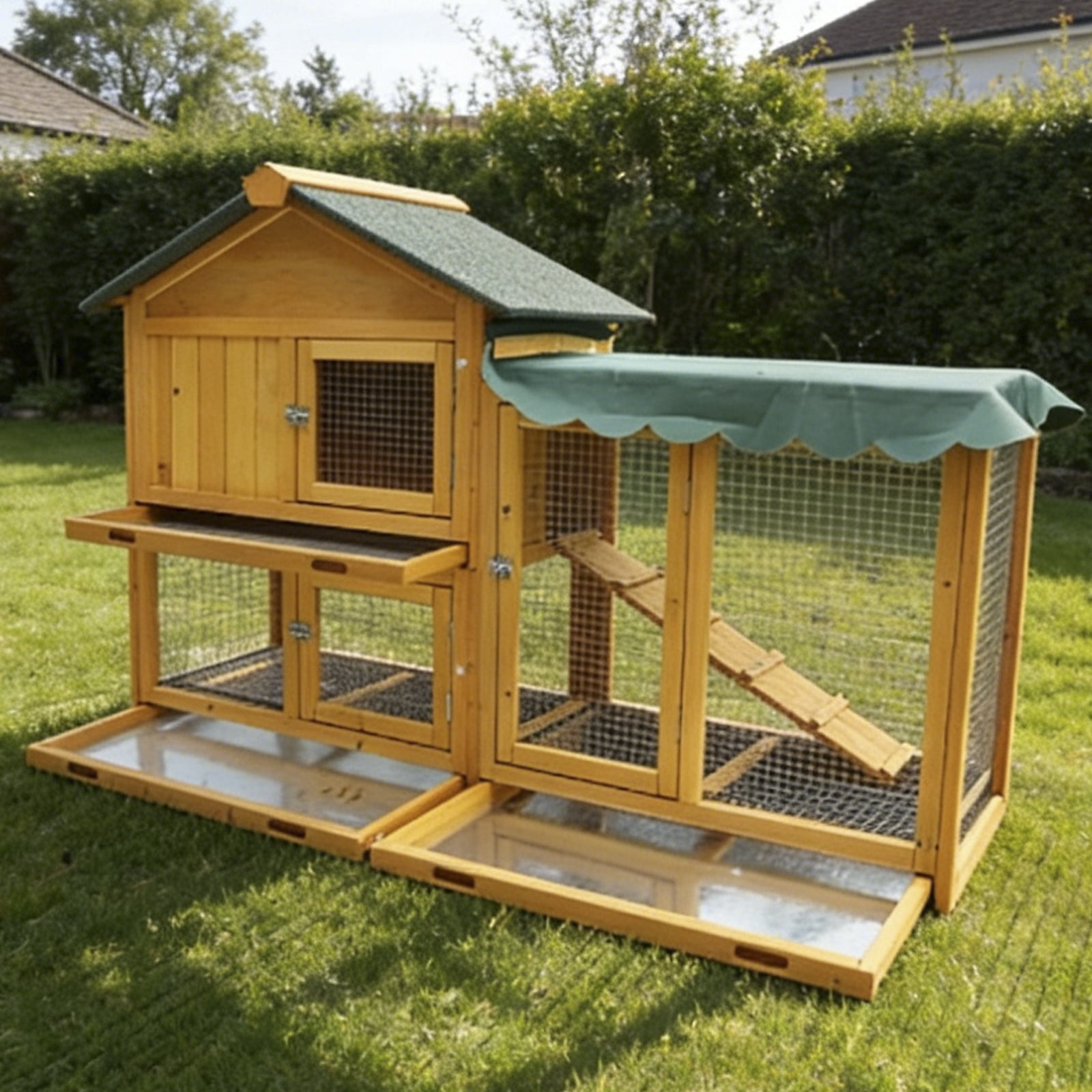 61" Large Wooden Rabbit Hutch with Run, 2-Tier Bunny Cage Indoor Outdoor with Pull-Out Tray & Waterproof Roof, Pet House for Rabbits, Chickens, Hamsters, Guinea Pigs