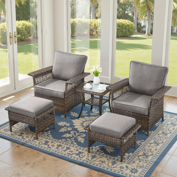 POCASSY 5 Pieces Patio Furniture Set, All Weather Brown Wicker Outdoor Conversation Set with PE Wicker Patio Chairs Set of 2, Small Balcony Furniture Set Bistro Set in Gray