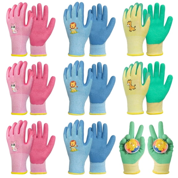 topjuju 9 Pairs Kids Gardening Gloves for Little kid Age 3-5, Children Toddlers Boys Grippy Rubber Coated Work Gloves, Red & Green & Blue