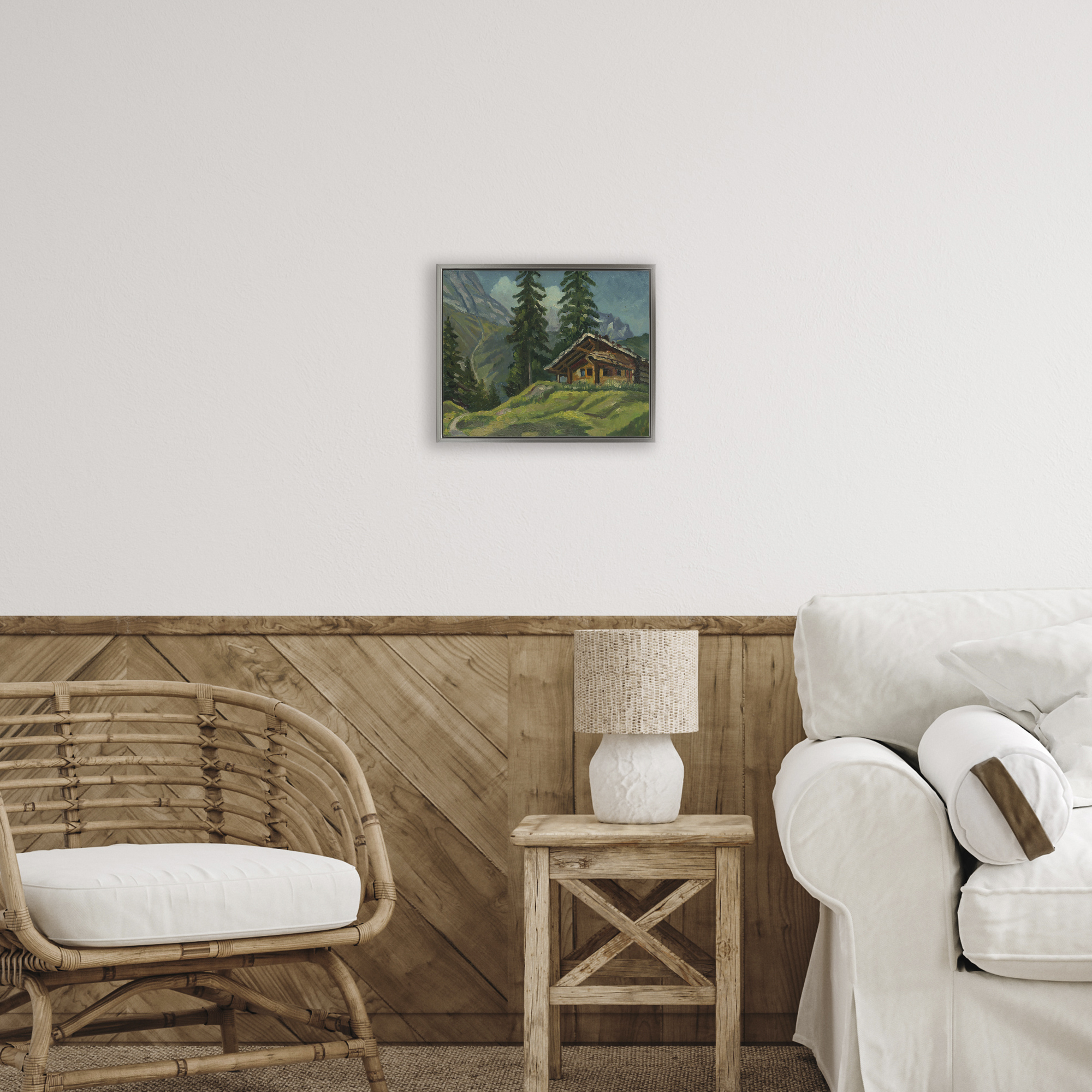 Cabin At Base Of Mountain Gray Framed Floater Canvas Wall Art, design by Lettered and Lined