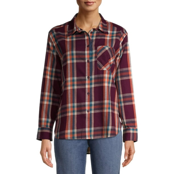 Time and Tru - Time and Tru Women's Plaid Button Front Shirt - Walmart.com - Walmart.com