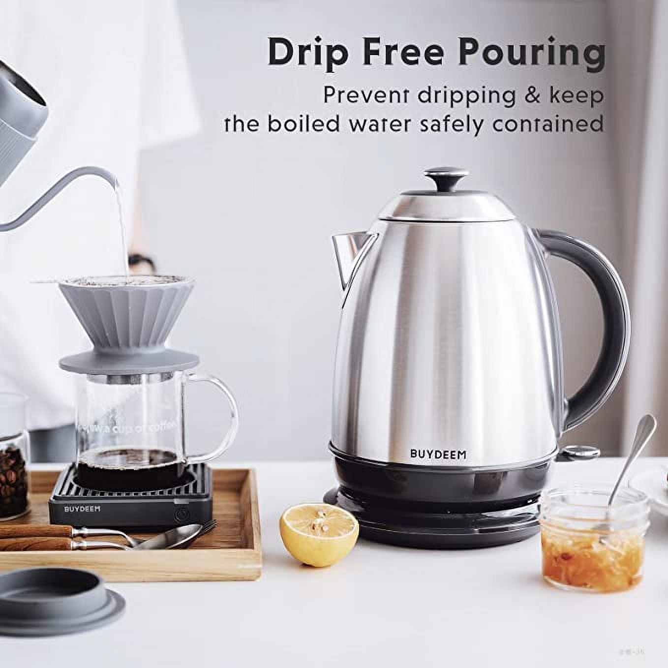 BUYDEEM K640 Stainless Steel Electric Tea Kettle with Auto Shut-off 1.7 L, 1440W (Retro Silver)