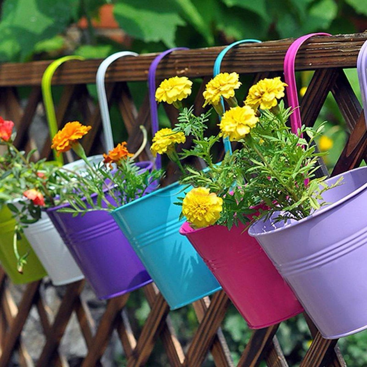 Iron Flower Pot Hanging Planter Pot Metal Bucket Flower Holder with Hook Indoor Outdoor Decor for Railing Fence Balcony Garden Gray 