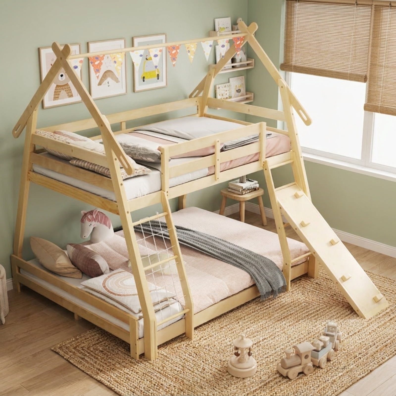 Furnibear Twin Over Queen Bunk Bed Wooden Kids Bed Frame with Climbing Nets Ramp and House Roof for Kids Bedroom, Natural