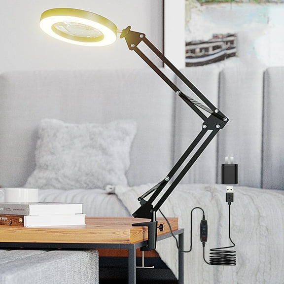 KIRKAS LED Magnifying Lamp Metal Swing Arm Magnifier Lamp -10 Levels Brightness, 3 Color Modes, 10X Magnification, 5" Diameter Glass Lens, Adjustable Industrial Clamp for Reading/Office/Work