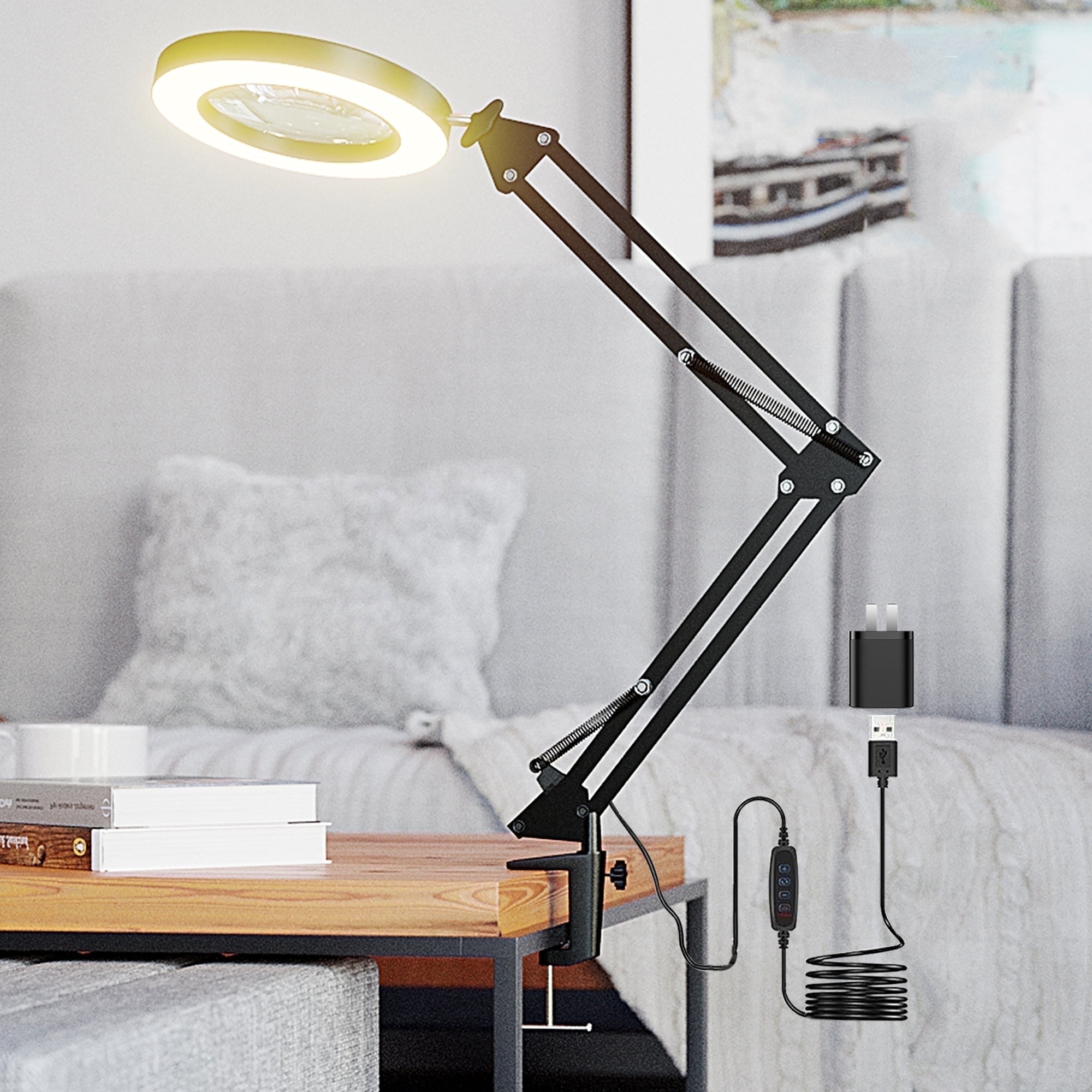 KIRKAS LED Magnifying Lamp Metal Swing Arm Magnifier Lamp -10 Levels Brightness, 3 Color Modes, 10X Magnification, 5" Diameter Glass Lens, Adjustable Industrial Clamp for Reading/Office/Work