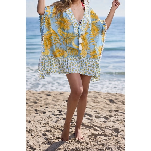 Resort-wear Tropical Fruit Cotton Banana Short Kaftan coverup tunic
