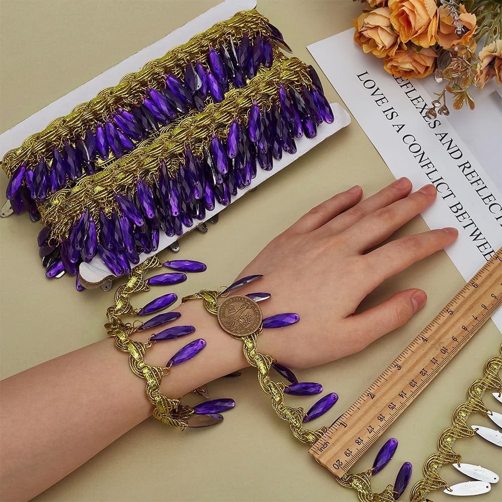 10 Yard Hanging Beads Fringe Lace 1.7 inch Wide Polyester Sewing Fringe Tassel Trim Gold Trim with Blue Purple Pendant for Sewing Cafts Wedding Party Decoration diy