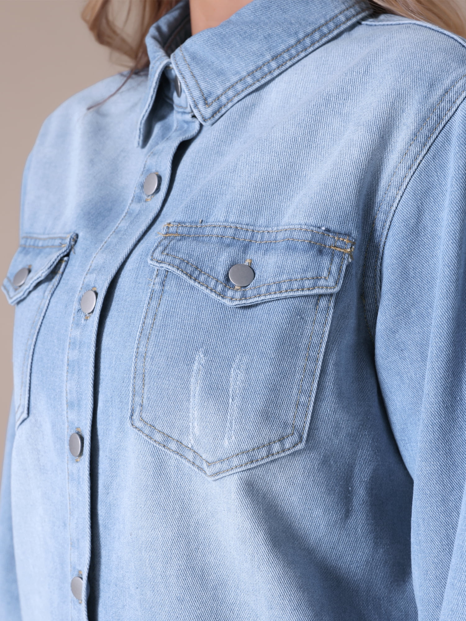 Unique Bargains Women's Frayed Hem Long Sleeve Lightweight Denim Jacket L Light Blue