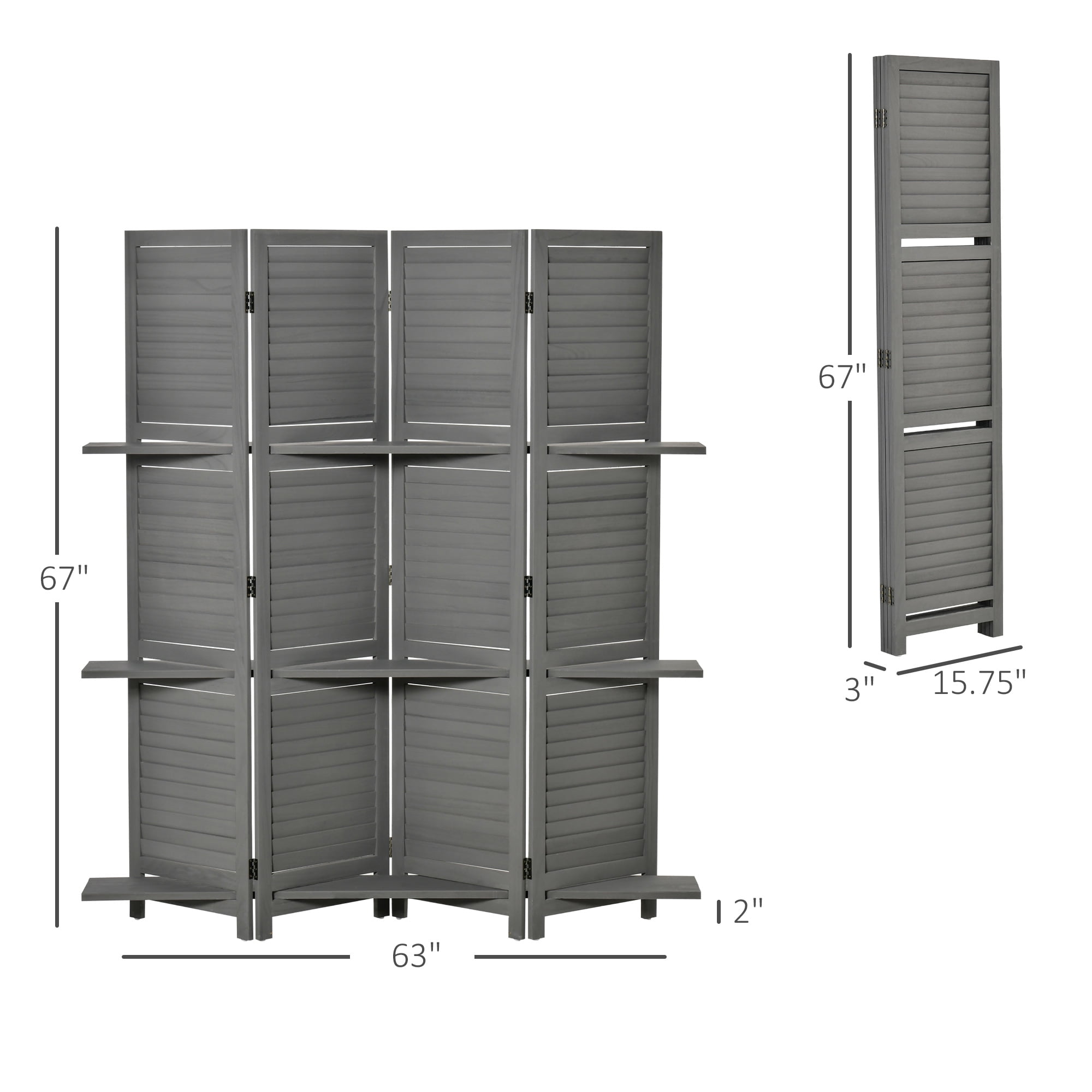 HOMCOM 4 Panel Wood Privacy Screen Room Divider with 3 Shelves 67" Grey