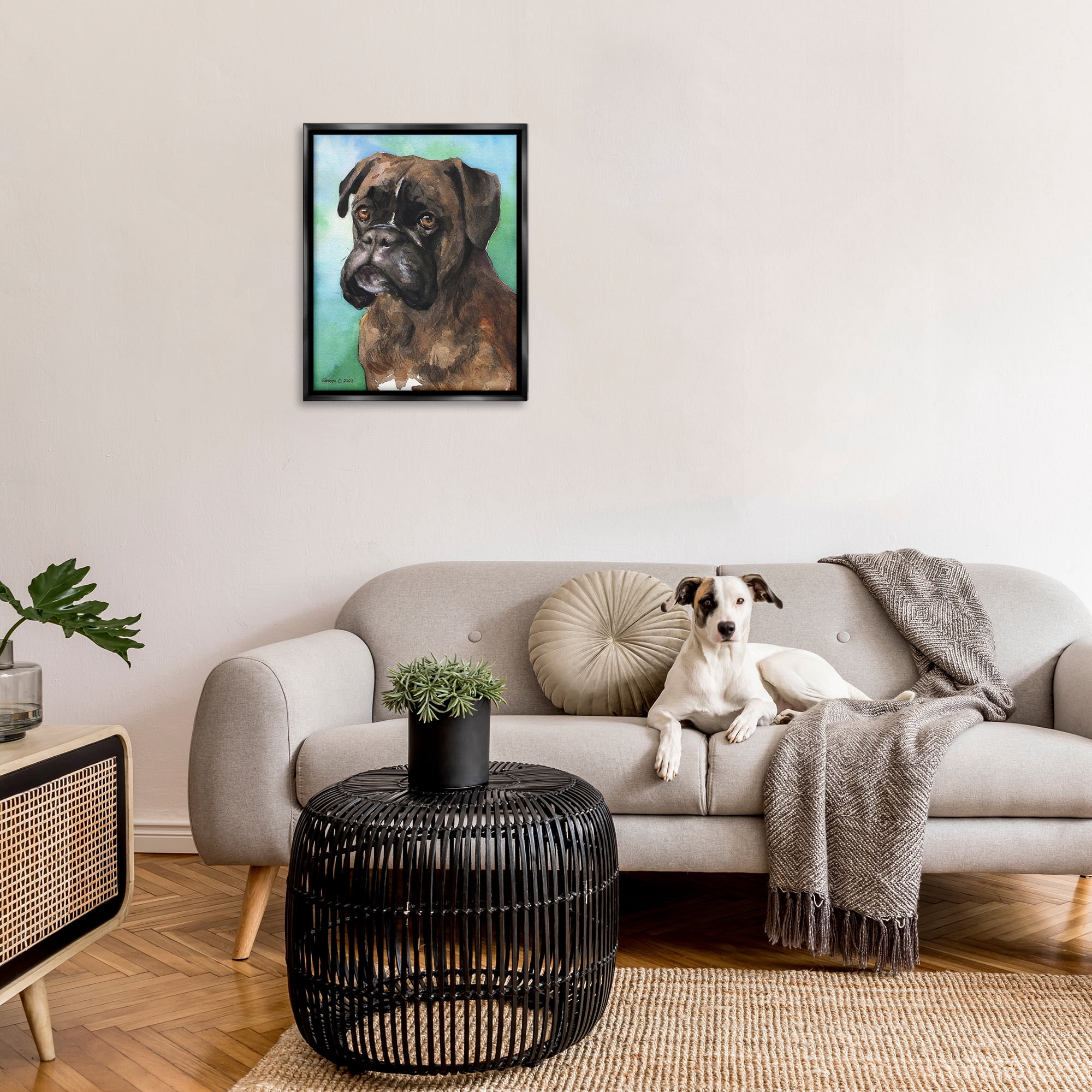 Stupell Industries Boxer Dog Portrait Animals & Insects Painting Black Floater Framed Canvas Art Print Wall Art, 25 x 31