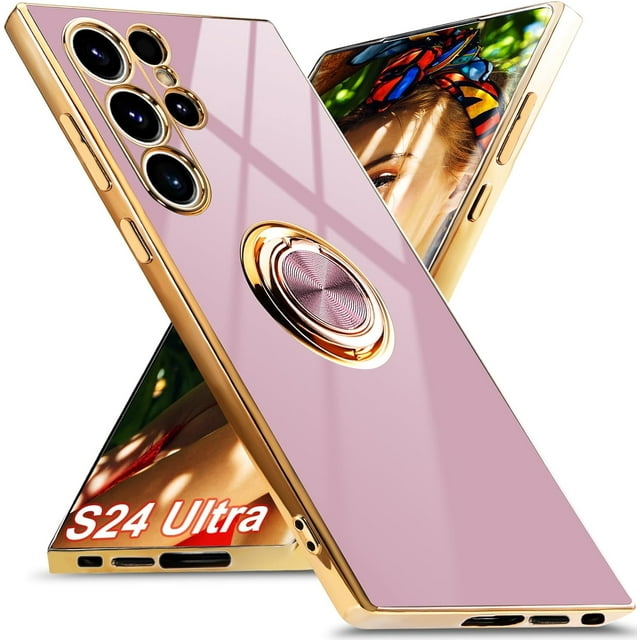 ORUYROP for Samsung Galaxy S24 Ultra Case with Screen Protector, Built-in 360 Rotation Ring Holder Magnetic Stand, Luxury Shiny Plating Edge Shockproof Electroplated Protective Cover (Purple/G