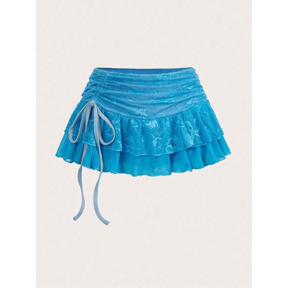 Blue Womens Ultra Low Waist Lace Mesh Tiered Ruffle Tie-Side Mini Skirt