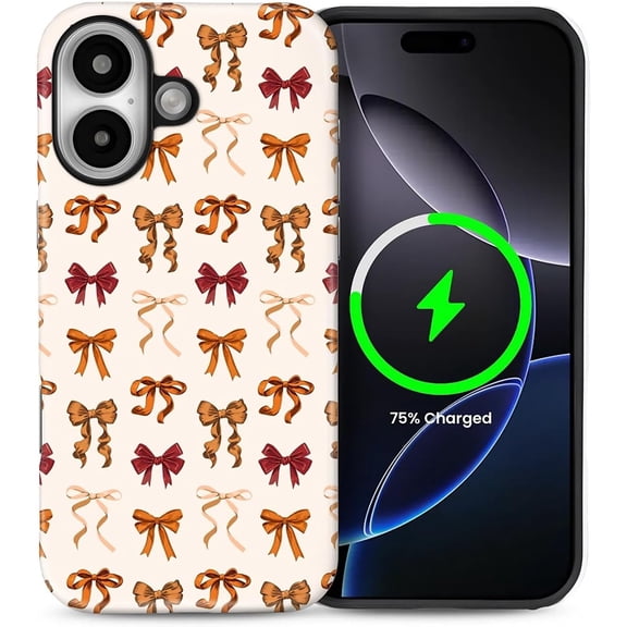 for iPhone 16 Plus Case, Compatible with MagSafe, Dual-Layer Hard Shell, Silicone Cover, Full Body Protection Shockproof Case for iPhone 16 Plus-Pumpkin Coquette Bows Ribbon