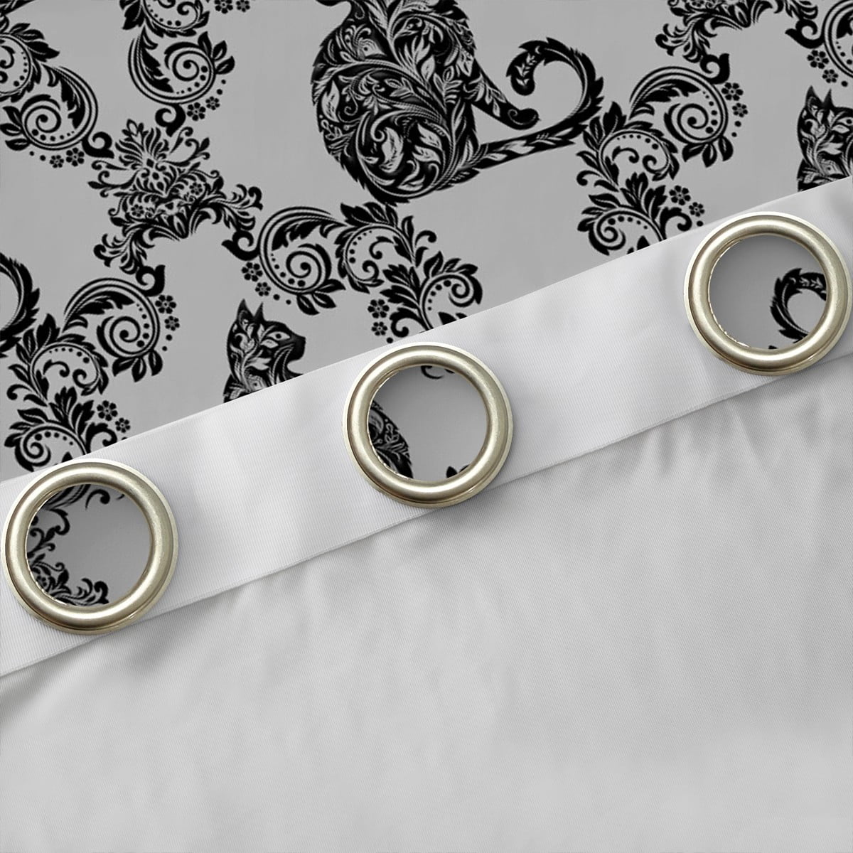 jejeloiu Damask Print Curtains Pack of 2 (42x84 Each),Gothic Flower Curtains Blackout,Black Gray Cat Bedroom Curtains,Breathable Bedroom Decorative