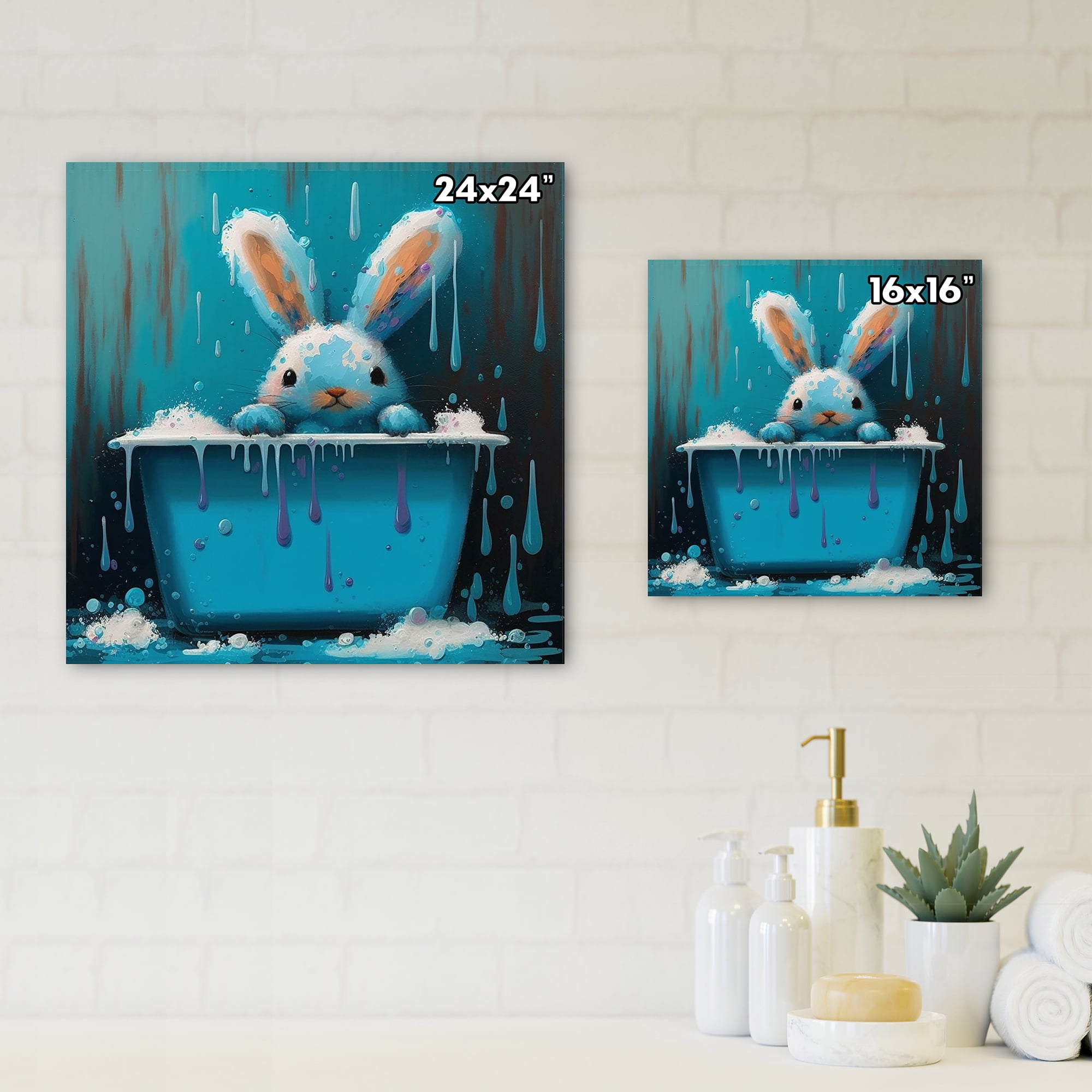 Designart Happy Blue Bunny In The Bath Canvas Wall Art