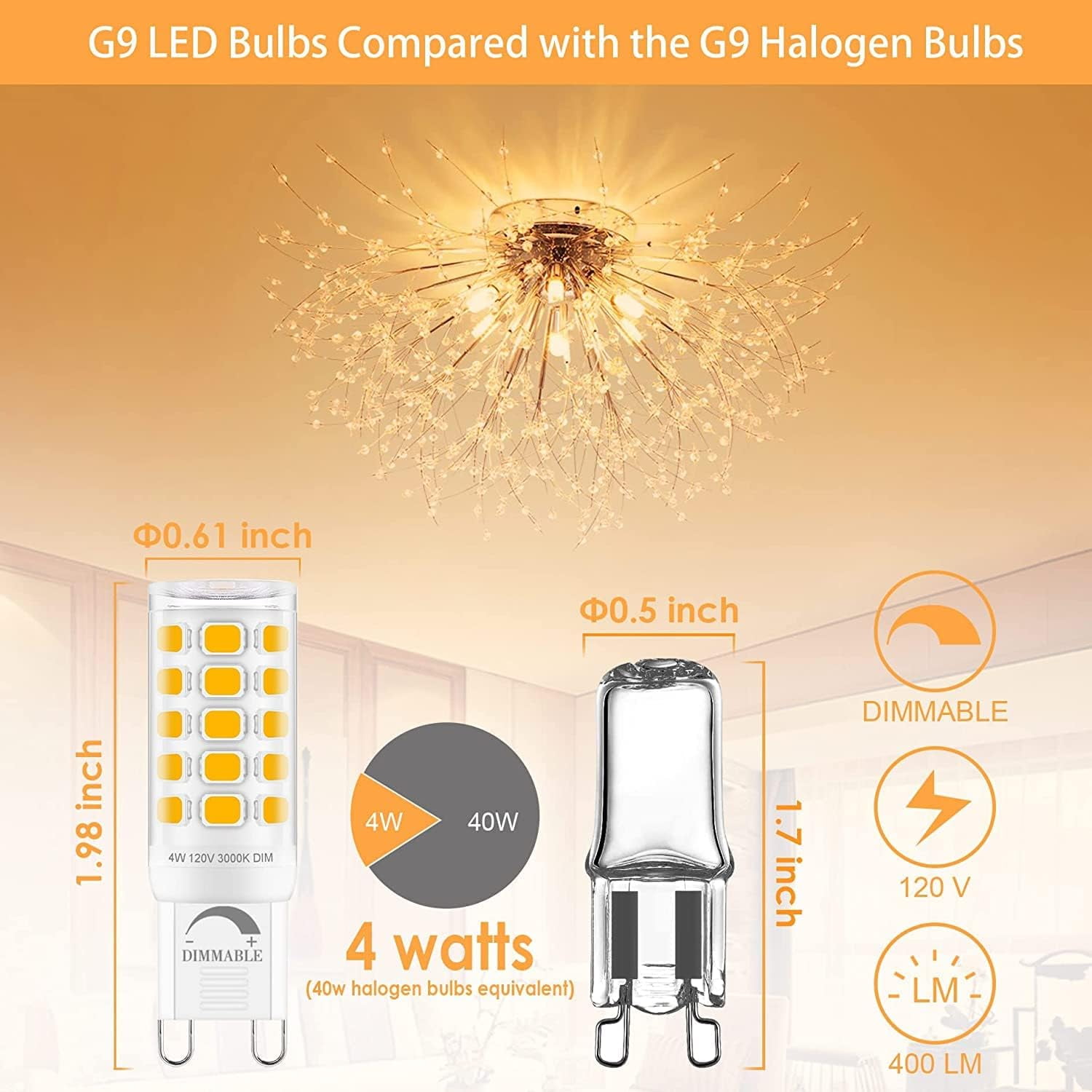 Sailstar G9 LED Light Bulbs, 4W (40W Equivalent), 400 Lumens, 3000K Warm White, Dimmable, 120V, 360° Beam Angle, Ceramic Base, Flicker-Free, 6-Pack