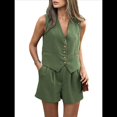 thumbnail image 3 of Conjuntos de Verano de 2 Piezas para Mujer, Sin Mangas, con Cuello en V, Abotonado, Chaleco y Pantalones Cortos con Bolsillos. Verde S, 3 of 9