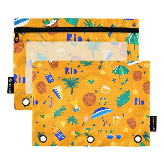 Leaf Umbrellas Beer Ball 2 Pack Pencil Pouch for 3 Ring Binder Smooth Zipper Folders with Pockets Clear Window Pencil Case