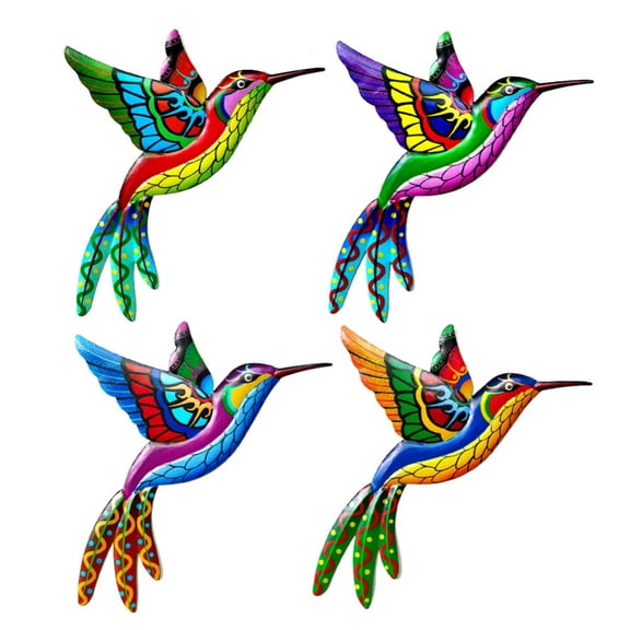 4 Pack Metal Hummingbird Wall Art Decor Metal Colorful Birds 3D Outdoor Sculpture Iron Outdoor Hanging Decor Ornaments Metal Hand-made Bird Wall Art Fence Decorations for Living Room Patio Balcony