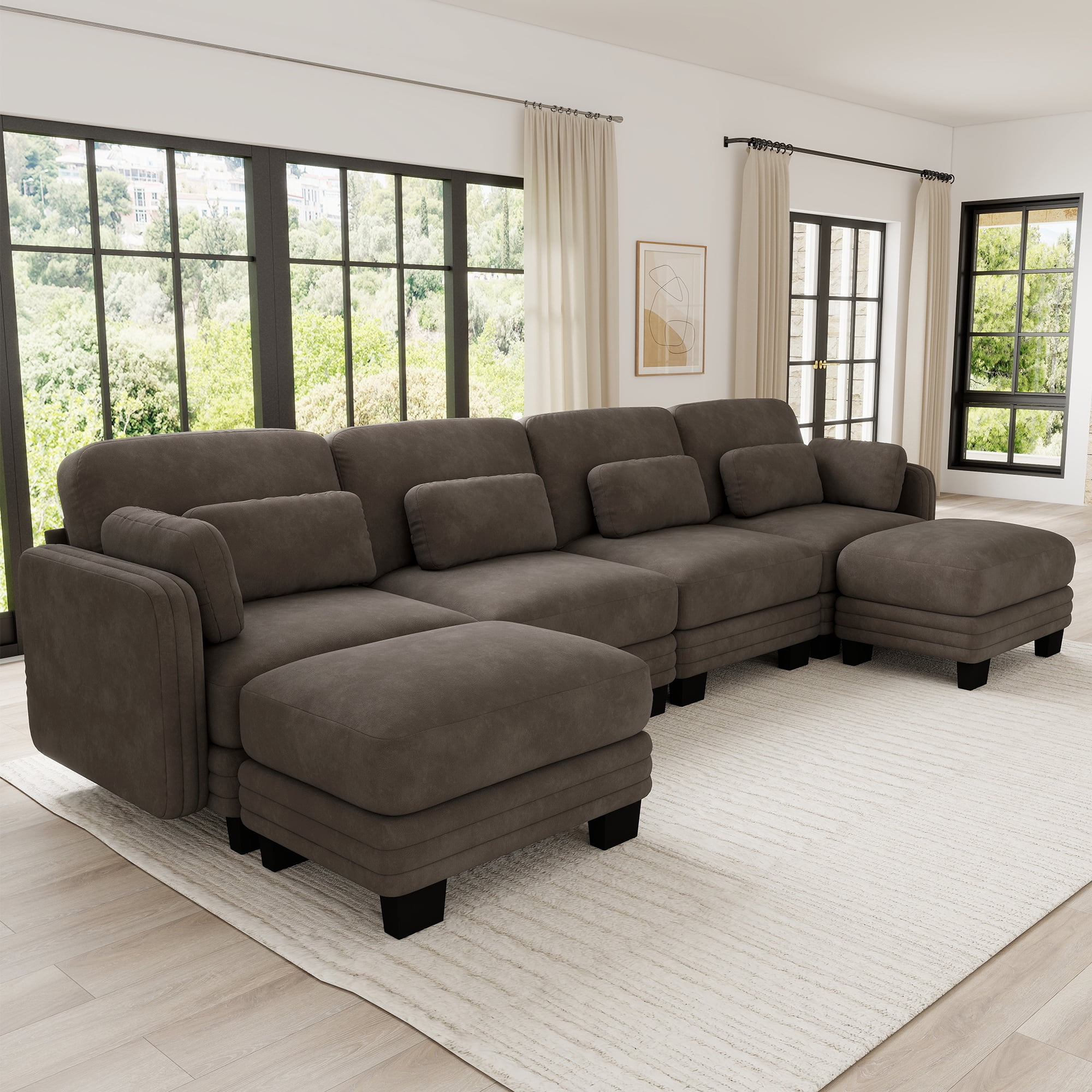 130" U-shaped Tufted Modern Modular Sectional 4 Seater Sofa Couch with 2 Ottomans and 6 Pillows