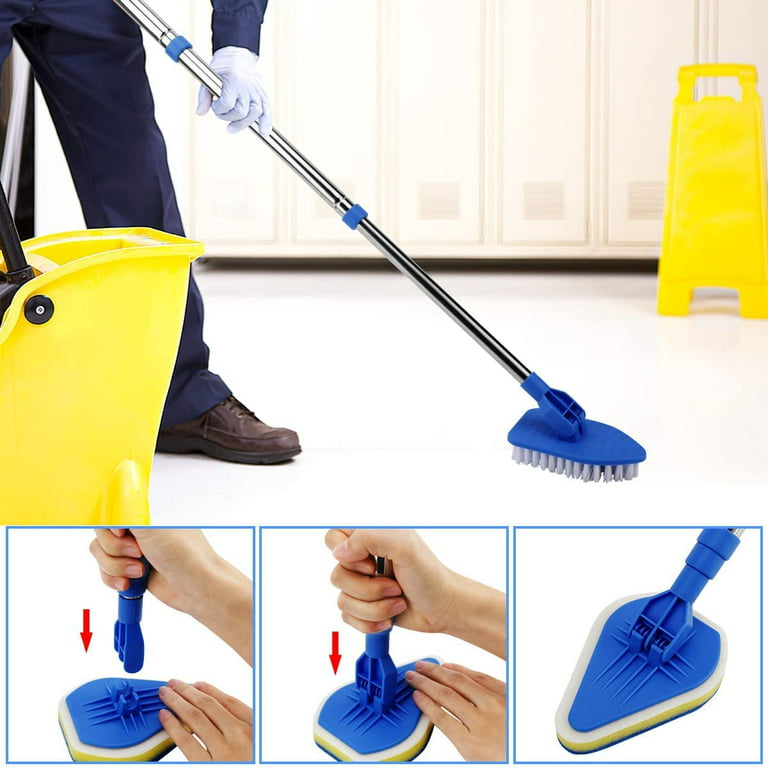 Number-one Floor Scrub Brush with Long Handle 35 inch, Shower Cleaning Brush Telescopic Scrubber Brush Kit, Scrubber with 1 Stiff Bristles & 3 Sponge