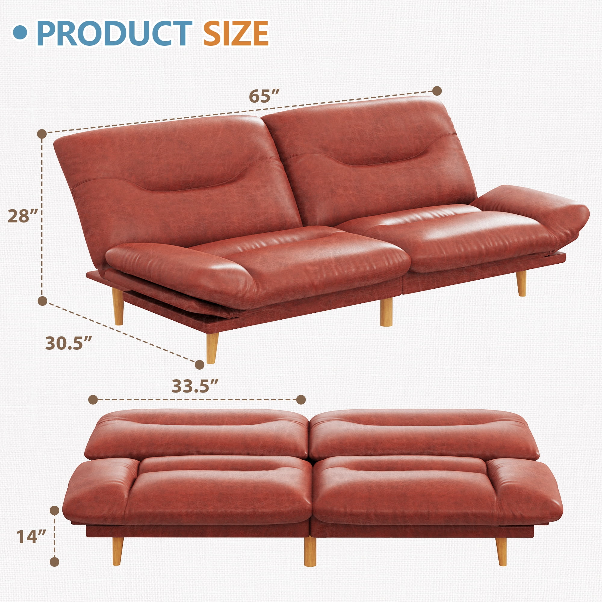 Homall Futon Sofa Bed with Adjustable Backrest & Five Angles Adjustable Armrests Sofa Couch for Small Spaces Living Room Office,PU Red