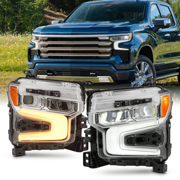 AKKON - Fits 2022-2024 Chevy Silverado 1500 LTZ RST Full LED Projector Chrome Headlights Pair w/DRL Switchback Signal