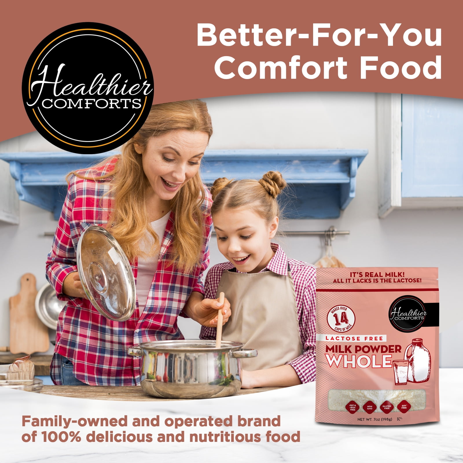 Healthier Comforts Lactose Free Whole Milk Powder 21oz | Non-GMO, rBST Hormone Free, Kosher, Gluten Free, No Fillers | Baking, Coffee Creamer, Shakes, Pantry Staple, Camping