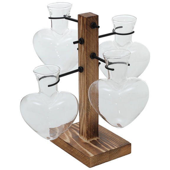 4 Heart-Shaped Glass Propagation Stations with Wooden Stand, 7.9 x 7.7 x 3.3 in / 20 x 19.5 x 8.5 cm, Clear Hydroponic Vase, Tabletop Planter, Indoor Plants for Home Office Decor, Present for Women