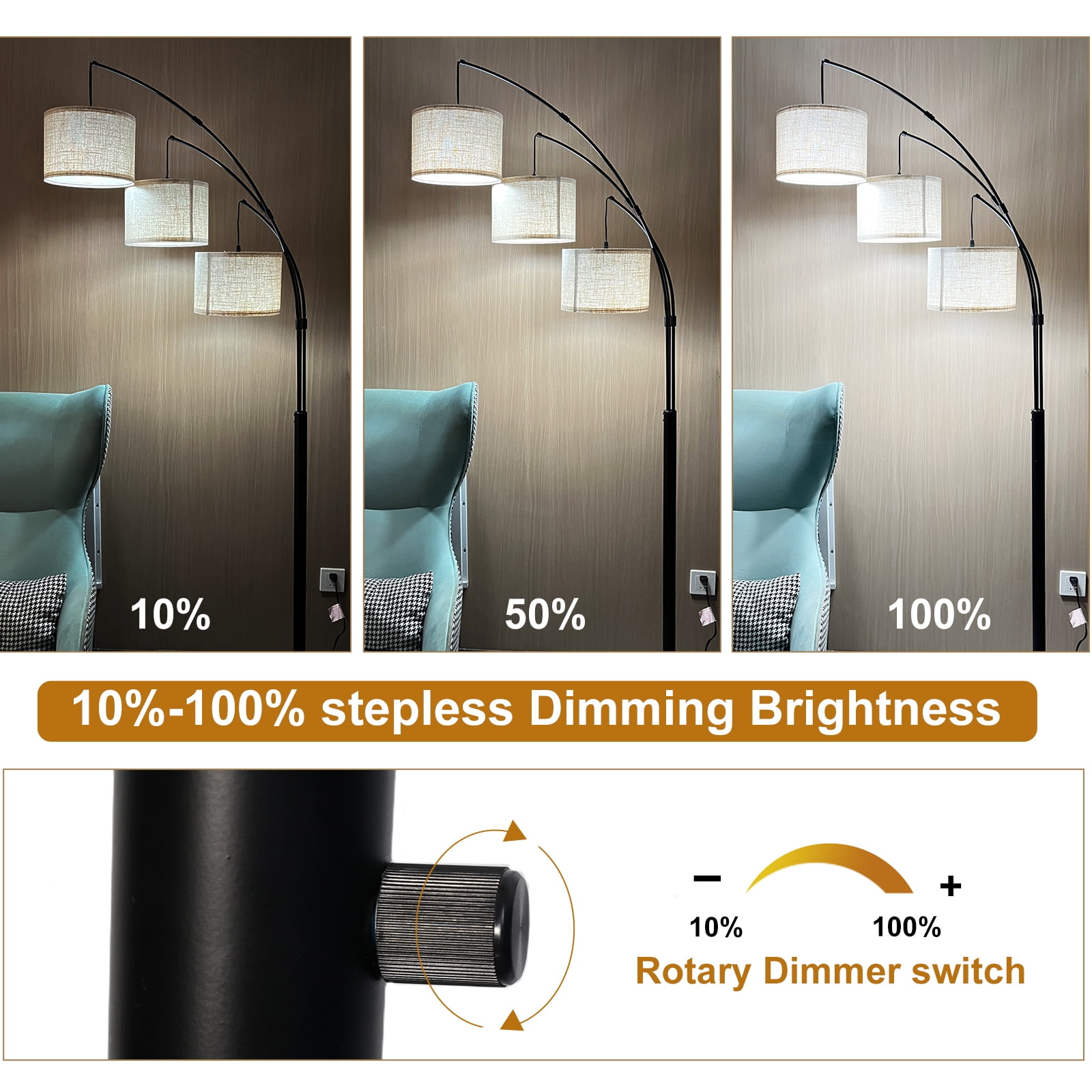 Anrotix Dimmable Arc Floor Lamp with 3 LED bulb Rotary Switch Modern Tall Standing Lamp Beige Shades