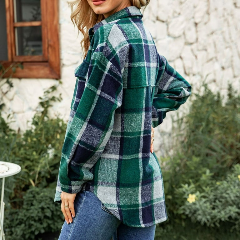 Women Shirt Womens Lightweight Shirts Fleece Jacket Long Sleeve Lapel Shirt with Pockets Button Down Shirt Coat Fall Winter Warm Tops Womens Shacket Ladies Checked Shirt Classic Walmart