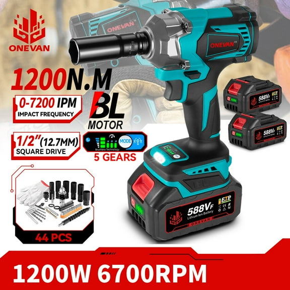 1200Nm Cordless Impact Wrench 1/2'' Brushless High Power Driver 2 Battery Kits